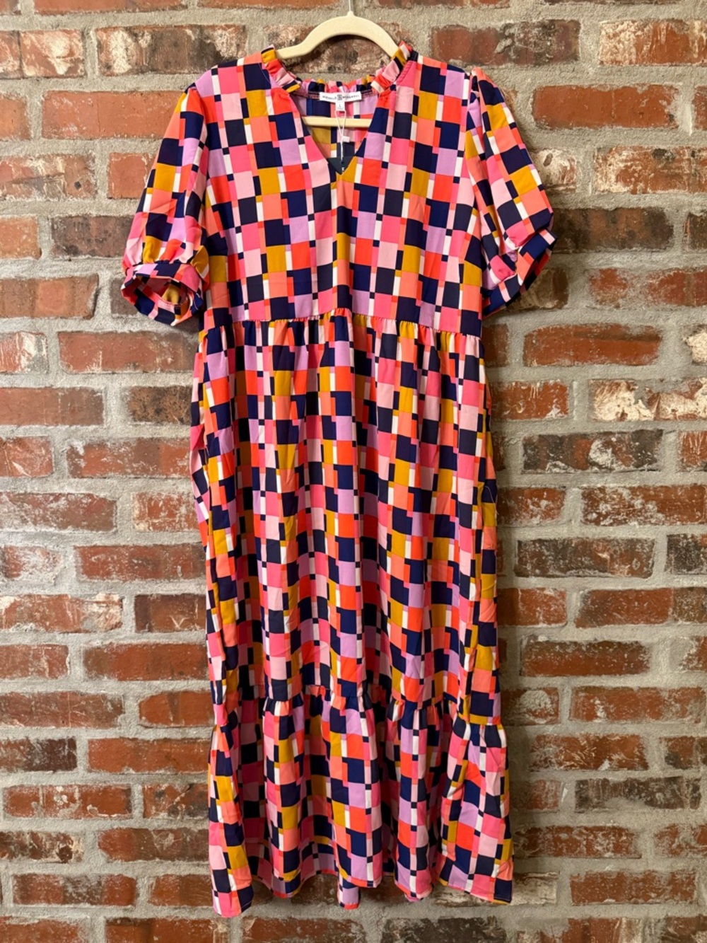 D28 - Michelle McDowell Tessa Dress in Bright Geometric Pink, Navy & Orange